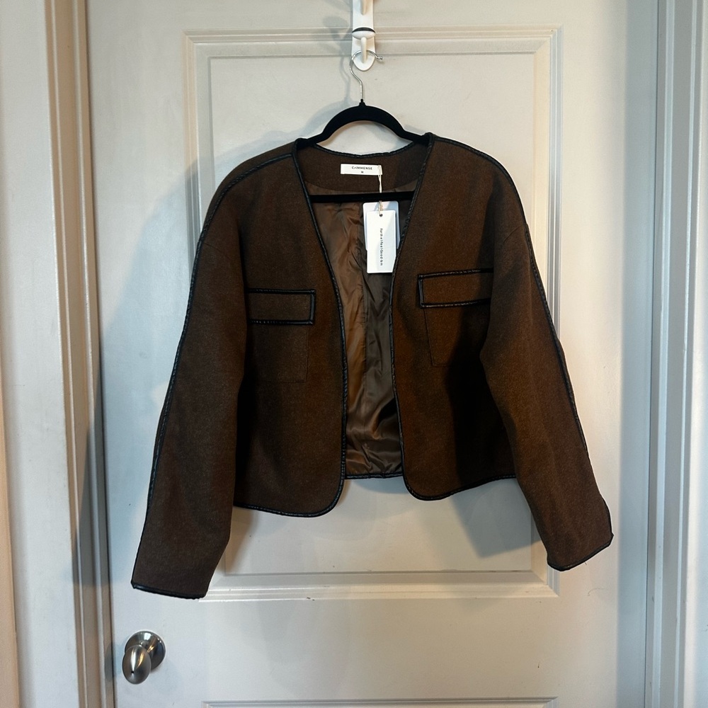 NEW Commense Contrast Trim Tweed Brown Black Trim Open Lightweight Coat, Medium - Picture 14 of 14